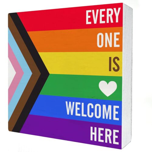 Rainbow Everyone is Welcome Here Wooden Box Sign Desk Decor LGBTQ Gay Pride Flag Wood Block Plaque Box Signs Gift for Home School Shelf Table Decoration (5 X 5 Inch)