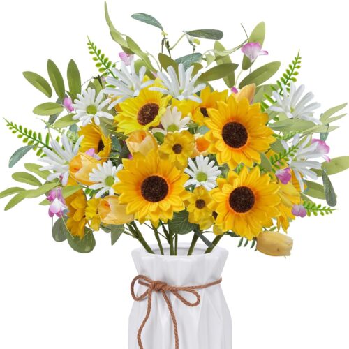 8pcs Sunflower Artificial Flowers Bouquets with Fake Tulips Flowers and Faux Daisy Wildflowers, 20.5" Spring & Summer Silk Flowers Floral Arrangements for Home Outdoor Wedding Table Centerpieces Vase