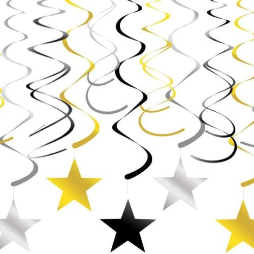 Gold Silver Black Star Hanging Swirl Decorations Stars Streamers Foil Swirls for Ceiling Decorations Graduation Party Supplies Black and Gold Party Decorations, Pack of 30