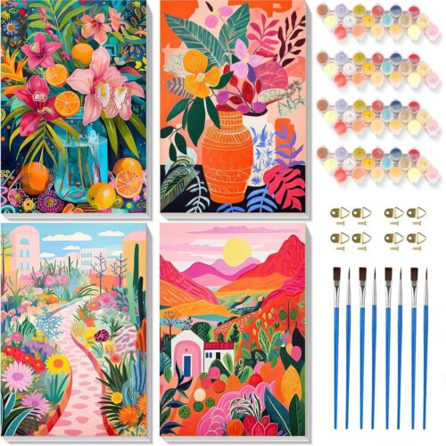 Framed Paint by Numbers Kit for Adults 4 Pack-Flowers Painting by Numbers Kit for Adults Beginner, DIY Abstract Landscape Simple Paint by Number with Framed Canvas(8x12inch)
