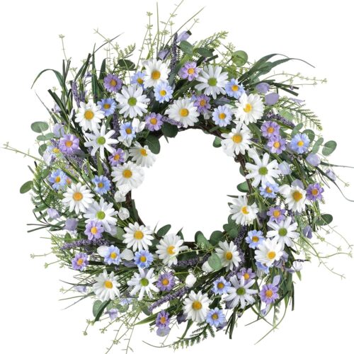 23Inch Daisy Flower Wreaths Purple Wreath with Green Eucalyptus Leaves and Lavender for Front Door Wall Window Indoors Decor