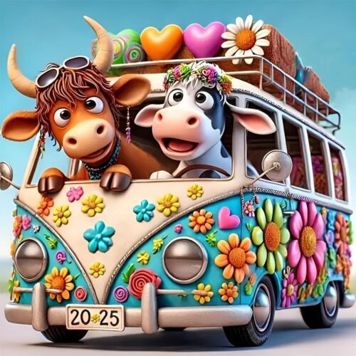 Cow Diamond Painting Kits for Adults, Bus Diamond Art Kits for Adults Beginner, Adult Diamond Art, DIY Easy Full Drill Diamond Dots Paintings for Home Wall Decor 14X14 Inch