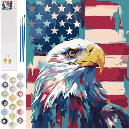 Independence Day Paint by Numbers Kit for Adults Beginners, American Flag Acrylic Painting by Numbers, Bald Eagle Animal DIY Paintworks, 4th of July Easy Paint by Number on Canvas, 16x20 Inch