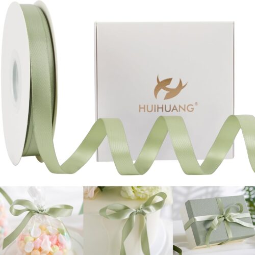 Sage Green Double Faced Satin Ribbon 1/2 inch X 50 Yards Continuous, Dusty Sage Satin Ribbon for Gift Wrapping, Bows, DIY Crafts, Flower Bouquet, Bridal Shower Wedding Decor