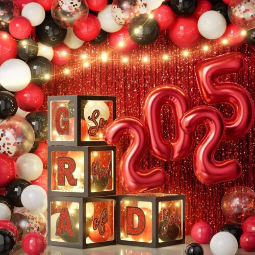 Graduation Party Decorations Class of 2025-86 PCS Grad Party Supplies Includes LED Light Strings Balloon Block Boxes with Letters Foil Curtains Backdrop 2025 Balloon Garland Kit - Black Red
