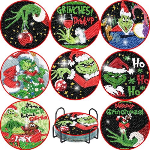 8 Pcs Christmas Diamond Painting Coasters Kits with Holder,DIY Diamond Art Coaster Kits for Adults & Kids,Paint with Diamonds Coasters Craft Supplies for Holiday Decor Gifts
