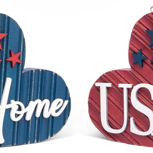 4th of July Table Decorations, 2 Pcs Wooden Memorial Day Decorations Patriotic Decor Heart Centerpieces, Red White and Blue Americana Home USA Sign for Independence Day, 4 inch