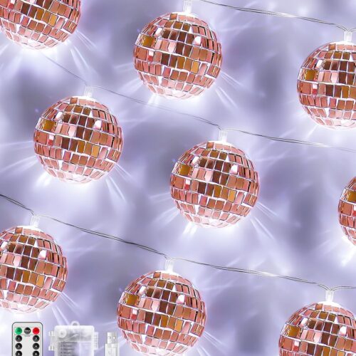 Disco Ball Decor 20 LED 9.8Ft Disco Ball String Light - Battery Powered And USB Plug, Disco Ball Light For Rose Gold Birthday Decorations Mother's Day Decorations Bachelorette Party Decoration