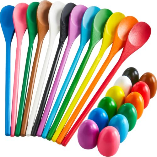 24 PCS Easter Egg and Spoon Race Game Set, 12 Players Carnival Game for Kids & Family Activity Holiday Outdoor Yard Easter Egg Hunt Birthday Party Lawn