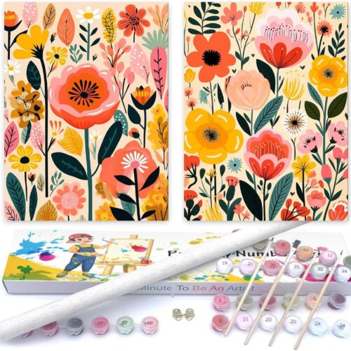 2 Pack Flowers Paint by Numbers Kit for Adults Beginner, Easy Flowers Acrylic Paint by Number Kits on Canvas, DIY Colorful Box Flowers Oil Number Painting Kits for Home Decor with Gift Box 12x16 inch
