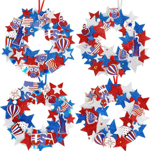 12 Sets Patriotic Wreath Decorations, Independence Day DIY Foam Wreath Signs Craft Kit Patriotic Star Stickers Pom-poms Rhinestone for Boys Girls Classroom Home Activity