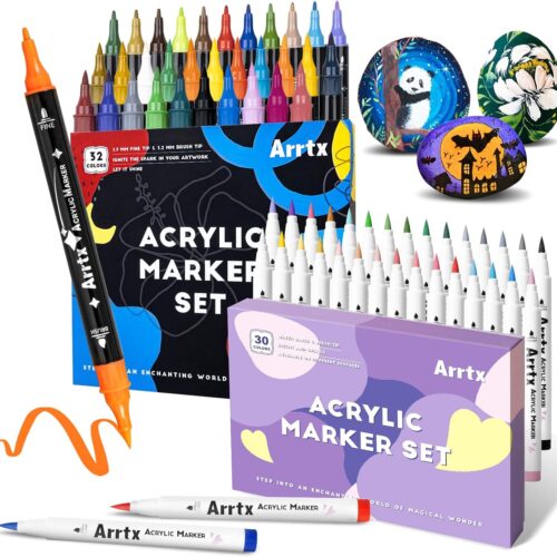 Acrylic Paint Pens 62PCS, Brush Tip and Fine Tip (Dual Tip), Paint Markers for Rock Painting, Water Based Acrylic Painting Supplies for Fabric Painting, Ceramic, Fabric, Canvas, Wood, Glass