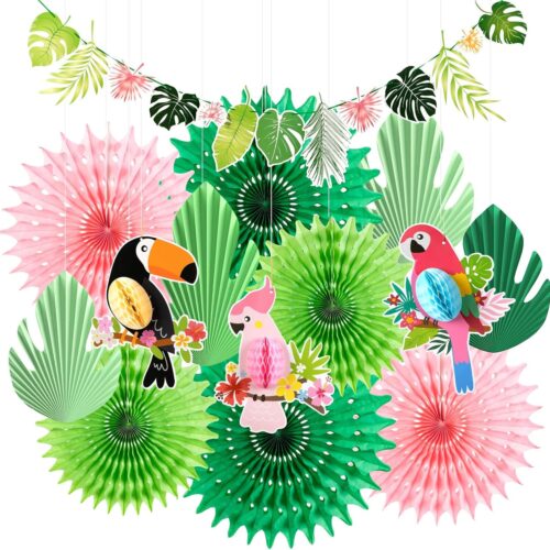 Green Pink Hanging Paper Fans for Tropical Party Decorations Tropical Bird Toucan Leaf Garland Party Kit for Summer Hawaiian Luau Tiki Tropical Jungle Themed Party Decorations