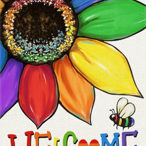 Welcome Rainbow Sunflower Decorative Garden Flag, Summer LGBTQ Love Heart Bee Yard Outside Pride Month Decoration, Gay Lesbian Bisexual Pansexual Outdoor Small Home Decor Double Sided 12 x 18