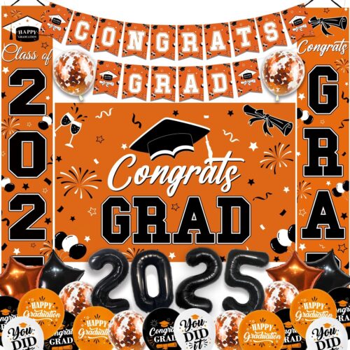 Graduation Decorations Class of 2025, Orange Graduation Party Decorations Set Includes Congrats Grad Backdrop Banner, 2025 Foil Balloons and Latex Balloons, Graduation Party Supplies