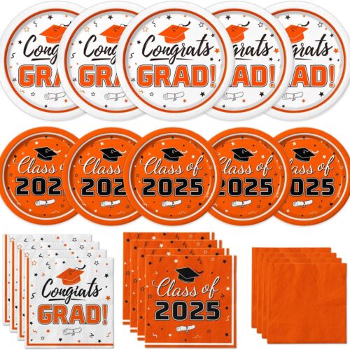 Graduation Party Supplies Kit Serves 50 - Graduation Party Orange Class of 2025 Tableware, Disposable Dinner Plates, Dessert Plates, and Napkins for Congrats Grad Party Decorations
