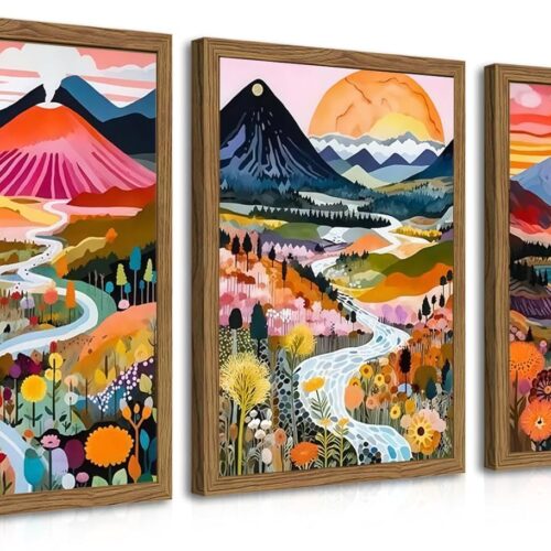 Wood Frame Boho Colorful Wall Art, Set of 3 Abstract Watercolor Mountain Landscape Wall Decor Painting, Modern Flower Aesthetic Posters Prints for Living Room Bathroom Bedroom 12x16In Framed