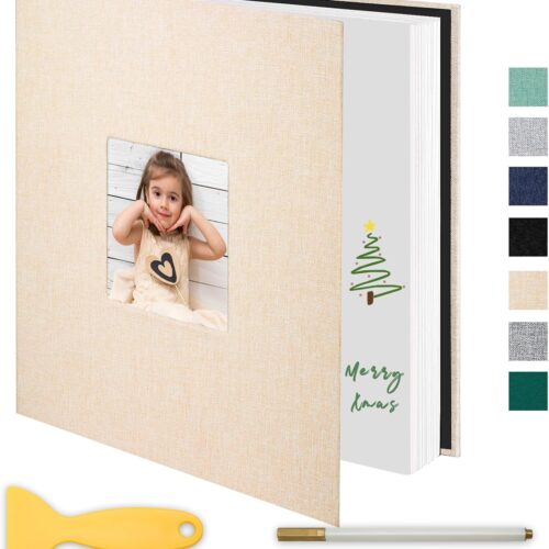 Self Adhesive Scrapbook Photo Album Large Pages Linen Scrap Book Holds 2x3 4x6 5x7 8x10 Photos for Wedding, Baby, Family, Graduation, Vacation Beige