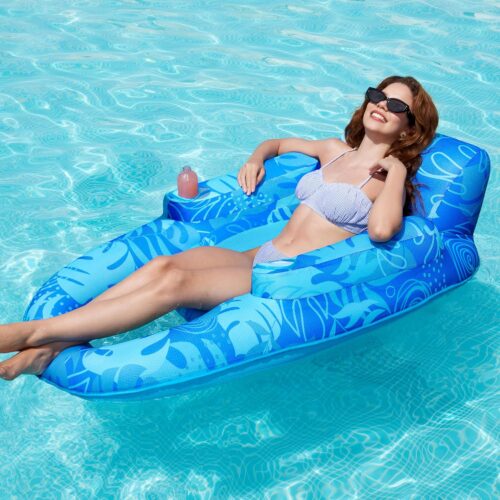 Premium Inflatable Pool Floats Lounger Adult, Fabric Pool Floaties Lounge with Cup Holders Backrest Recliner for Pool Party