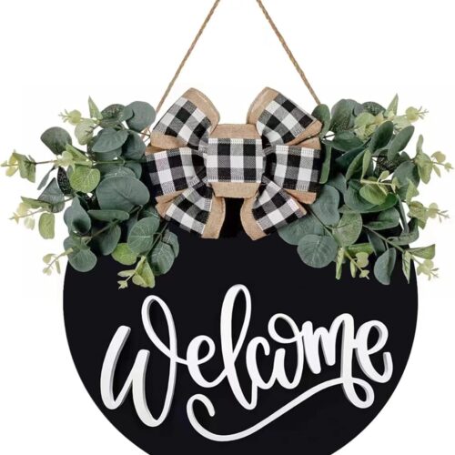 Welcome Sign for Front Door Porch Decor Farmhouse Wreath Wall Decor Φ30cm Round Wooden Hanging Housewarming Home Decor for Home Outdoor Indoor (Black)