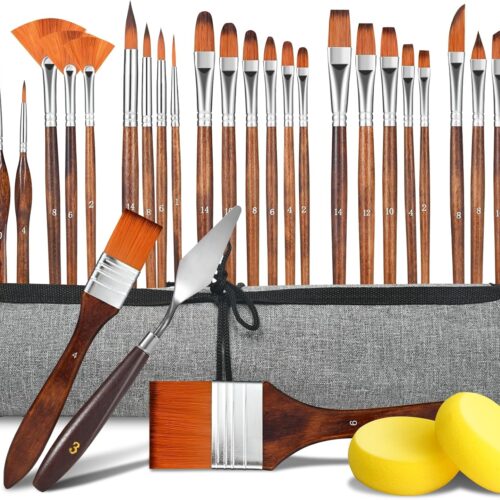 29 pcs Paint Brush Set, Acrylic Paint Brushes,Artist Series with Wide Flat,Round, Filbert, Flat, Fan,Angle,Dagger,Cat Tongue,Detail Brush,Rigger for Oil,Acrylic Canvas Paintings,Face Painting