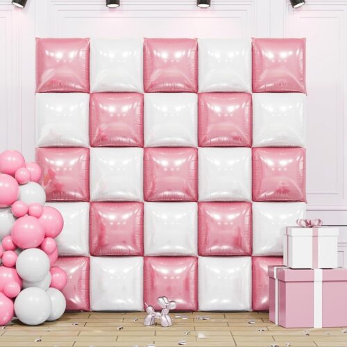 Pearl Pink and White Double Sided Square Foil Balloons Wall,19 Inches Chrome Foil Balloons Tunnel Arch Kit for Girls Bachelorette,Anniversary,Wedding,Birthday Party Background Decoration