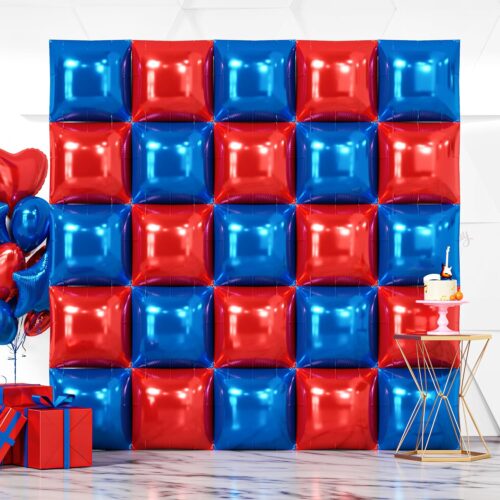 25PCS Red Blue Square Foil Balloons Wall Backdrop Double Sided Red Deep Blue Balloons Arch Kit for Birthday Graduation 4th of July Independence Baby Shower Wedding Party Decorations