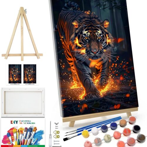 Paint by Numbers Kit for Adults with Frame Tiger Paint by Number with Easel Animal Adult Paint by Number Kits on Canvas DIY Paint by Number for Adults for Gift Home Wall Decor 7.87x11.81 Inch