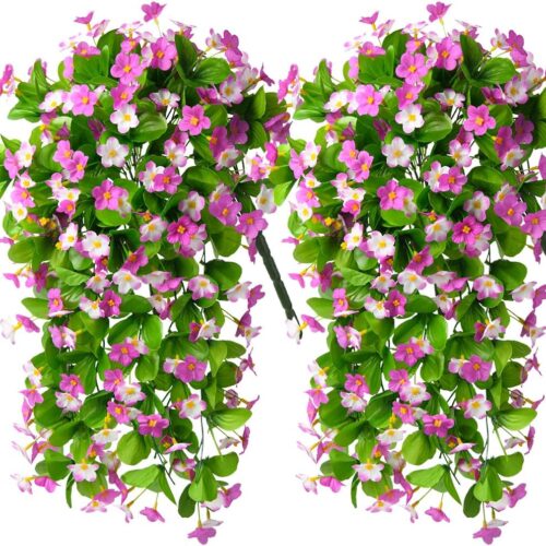 2 Pack Artificial Hanging Flowers, Fake Flowers Hanging Plant Violet Flower, Artificial Faux Silk Spring Flower for Wall Front Door Yard Garden Wedding Outdoor Decoration(Purple)