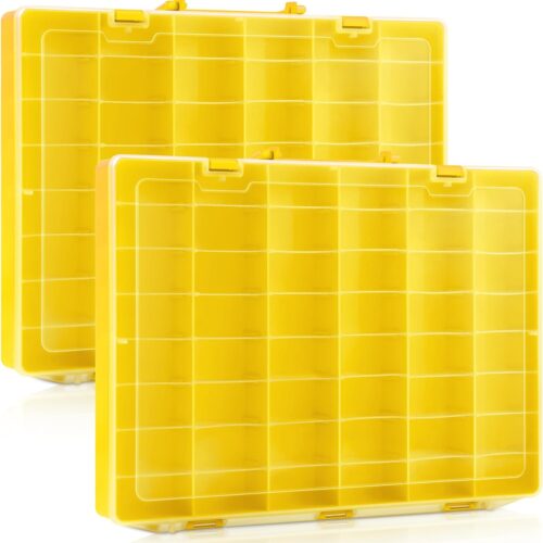 2 Pcs 48 Large Grids Plastic Storage Organizer Box with Removable Dividers Adjustable Compartment Container Case for Toys Small Parts Art Crafts Jewelry Bead Tackle(Yellow)