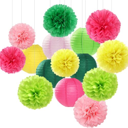 Hawaiian-Summer Pool Party-Decorations Paper-Flowers Lanterns - 15pcs Luau Tropical Beach Tissue Pom Poms Streamers,Birthday Bachelorette Wedding Baby Shower Graduation Hanging Supplies Decor Hugfond