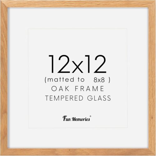 12x12 Picture Frame, Solid Oak Wood 12"x12" Photo Frame for Wall, 12 x 12 Frame Matted to 8 x 8, Square 12x12 Frame, Tempered Real Glass, 12 x 12 Collage Gallery Frames - Natural Oak Color, 1 Pack