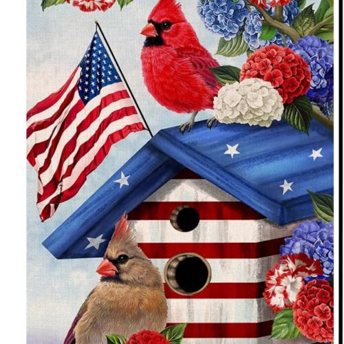 4th of July Cardinal Bird Garden Flag 12x18 Vertical Double Sided Red Blue Floral Memorial Day Independence Day Holiday Outside Decorations Burlap Yard Flag BW824
