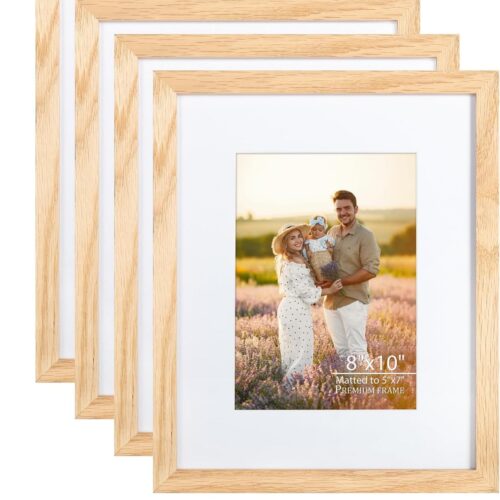8x10 Picture Frame with Mat, Solid Oak Wood Photo Frame, 8x10 Frame Matted to 5x7, Real Tempered Glass, Natural Wood Frame for Wall Mounting and Tabletop Display, 4 Pack
