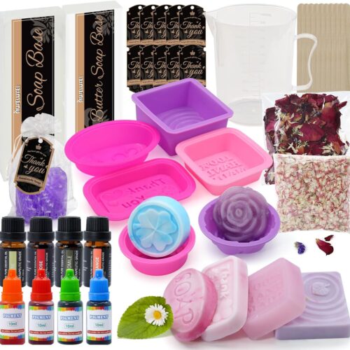 Soap Making Kit for Adults & Kids - Soap Making Supplies with Melt and Pour - Base,6 Silicone Molds, Colorant,Fragrances,Dried Flowers,Gift Card,DIY Craft Kit for Beginners