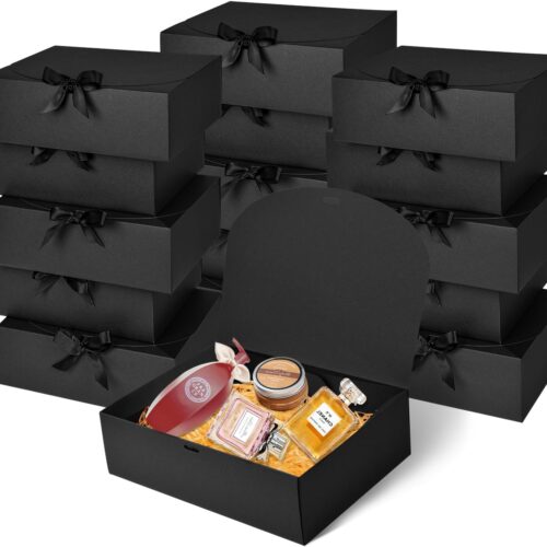 12Pack Black Gift Boxes with Lids, 12×9.8×3.1 Inch Groomsmen Proposal Box, Luxury Black Gift Box with Ribbon for Bridesmaid Box, Graduation, Christmas, Wedding, Birthday, Party