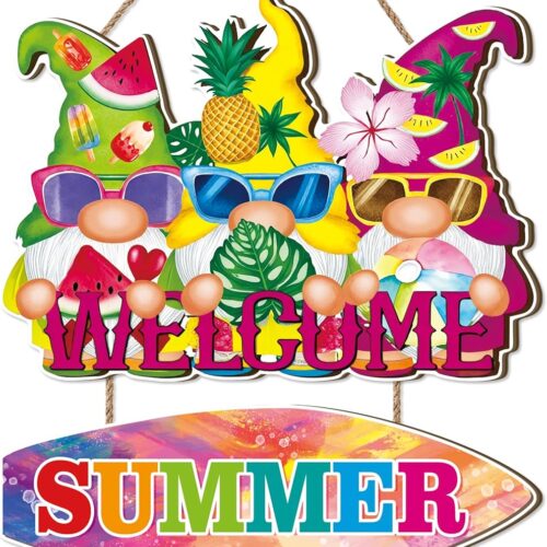 Summer Welcome Sign,Hello Summer Door Hanger,Gnomes Wall Decor for Front Door,Gnomes Door Sign Beach,Tropical Fruit Pool Surfboard Sun Beach Wall Decor for Outdoor Indoor Porch Yard Office