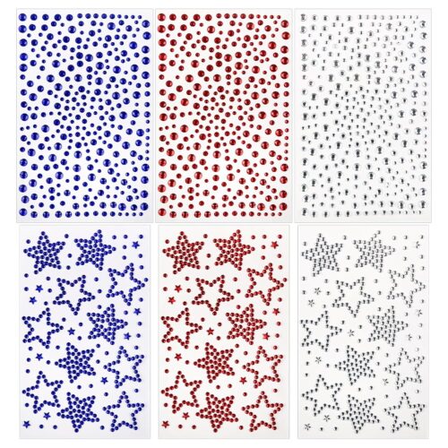 Face Gems 6 Sheets Hair Gems, Self Adhesive Face Jewels Stickers, Red White and Blue Star Festival Face Gems Stick on, 4th of July Rhinestone for Face, Eye, Makeup, Rave Accessories for Kids, Women