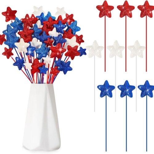 4th of July Decorations, 108 Pcs Glitter Puffy Star Picks Foam Star Stems Red White and Blue Artificial Stem Flowers for Patriotic Wreath Table Centerpieces Decoration