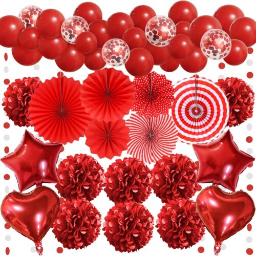 Red Party Decorations, Paper Pompom Balloon Garland Red Party Supplies for Women Girl Valentine's Day Party Birthday Wedding Graduation Christmas Engagement Party Decorations