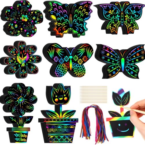80 Pcs Spring Scratch Cards Rainbow Flower Butterfly Scratch Paper for Kids Rainbow Flower Crafts with Bamboo Stylus and Ribbon for Home Classroom School DIY(Classic Style)