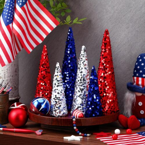 6 Pcs 4th of July Cone Trees Red White Blue Glitter Table Tree Decor Independence Day Cone Ornaments Patriotic Table Centerpiece for Memorial Day Party Veterans Home Shelf Kitchen