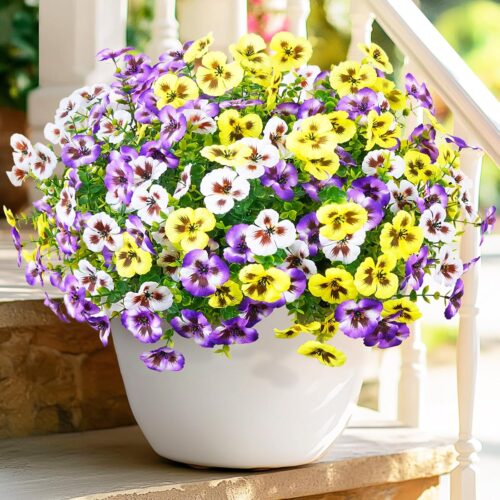 8 Bundles Look Real Artificial Flowers for Outdoors, Realistic Fake Outdoor Flowers, UV Resistant Silk Pansy Flowers for Outside Faux Flower Plants for Outdoor Porch Garden, Mixed Colors