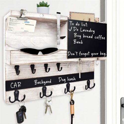 Farmhouse Key and Mail Holder for Wall Decorative, Mail and Key Organizer for Wall with Different Hooks, Chalkboard, Home Decor with Shelf, Basket, Clips(Pine Wood, White Washed)
