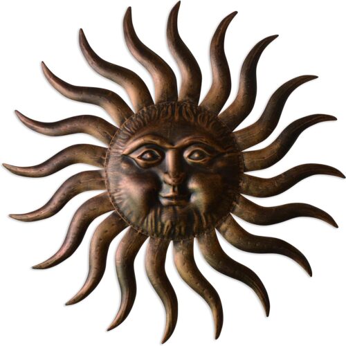 Metal Wall Art Decor Outdoor Inside with 3D Sun Face, 31" Large Outside Sun Metal Decorations Hanging on House, Living Room, Bedroom, Patio, Fence, Yard (Bronze)