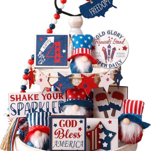 16 Pcs 4th of July Tiered Tray Decor Gnome Plush Patriotic Decorations Wooden America Memorial Day Sign Red White Blue Firework Star Table Decor for Farmhouse Independence Day Home Shelf