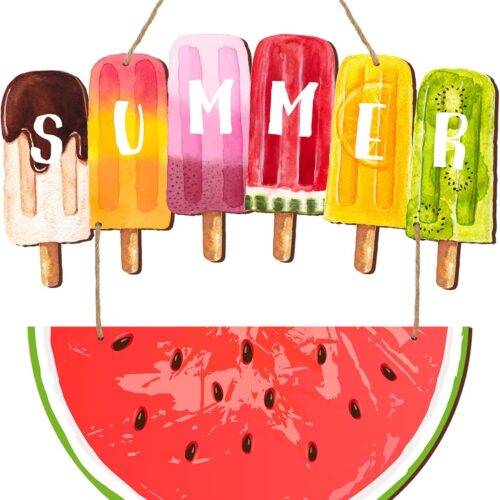 Hello Summer Decorations for Home Watermelon Door Hanger Sign 11 x 11.8 Inch Wooden Welcome Hanging Door Sign Decorative Ice Lolly Sunmmer Wall Decor for Front Door Wall Home