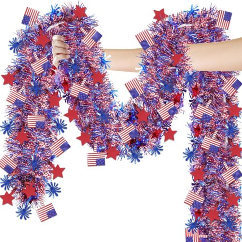 4th of July Decorations,33FT 4th of July Tinsel Garland with Star Firework American Flag, Patriotic Red White Blue Metallic Twist Garland for Home Tree Mantle Indoor Outdoor Parade Independence Day