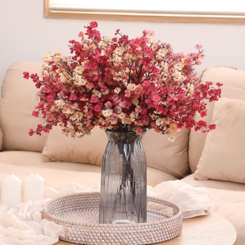 10pcs Babys Breath Artificial Flowers Bulk Faux Flowers European Silk Bouquet Vintage Floral Farmhouse Table Centerpieces Vase Fillers for DIY Home Decor Wedding(Burgundy)