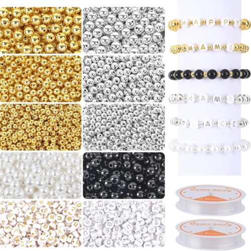 1800Pcs Silver & Gold Round Spacer Beads 3 Sizes Smooth Loose Ball Beads Alphabet Pearls Beads and 2 Rolls Elastic String for DIY Craft Making Supplies
